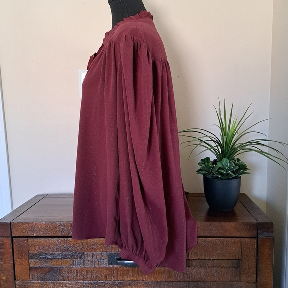 DKNY Women's Lurex Blouse Burgandy Long Sleeve Ruffle Top Medium NWOT - Picture 4 of 14
